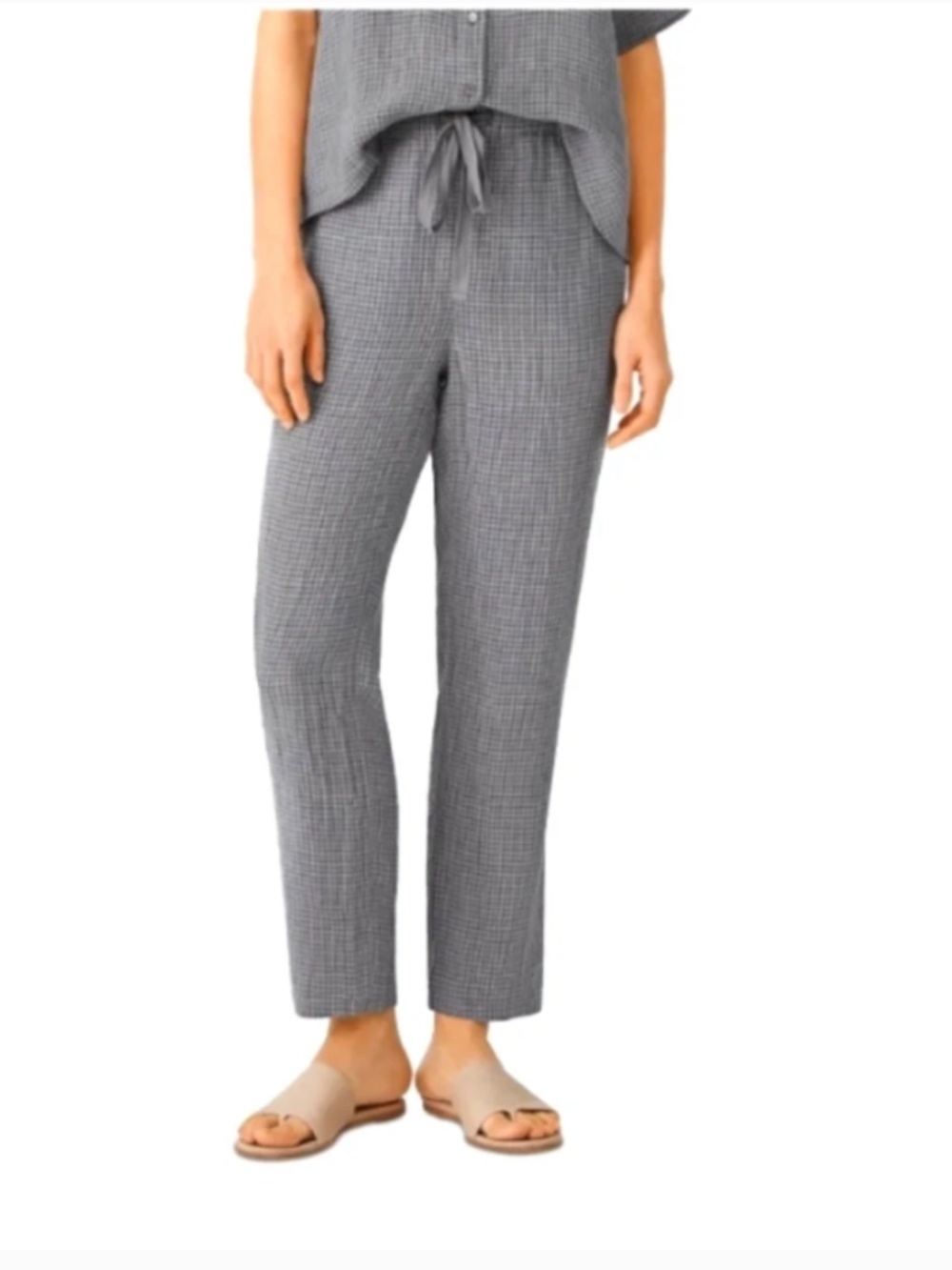 Eileen Fisher Puckered Organic Checked Linen Drawstring Easy Fit, Ankle Pant MP - Picture 2 of 5